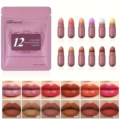 LMG Broths 12 Colors Thermochromic Lipstick Set  Color Changing Capsule Lipsticks Moisturizing Long Lasting Lip Balm