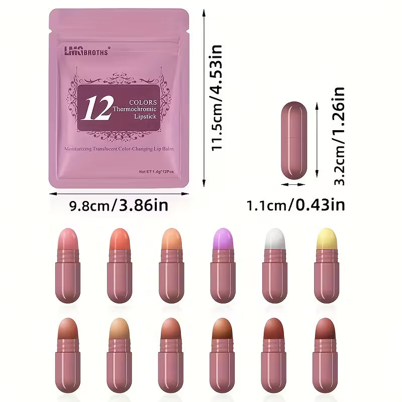 LMG Broths 12 Colors Thermochromic Lipstick Set  Color Changing Capsule Lipsticks Moisturizing Long Lasting Lip Balm