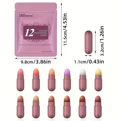 LMG Broths 12 Colors Thermochromic Lipstick Set  Color Changing Capsule Lipsticks Moisturizing Long Lasting Lip Balm